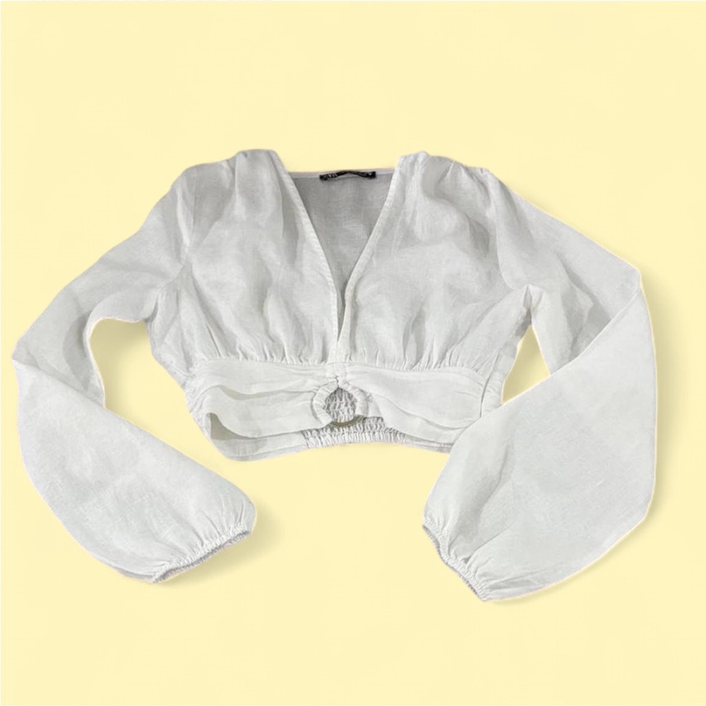 Zara White V-Neck Long Sleeve Women's Top